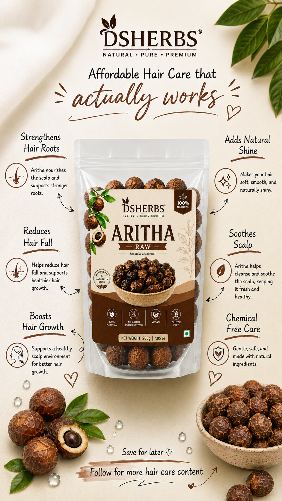 DSHERBS Natural Dry Reetha Raw 250g For Hair Growth And Hair Pack