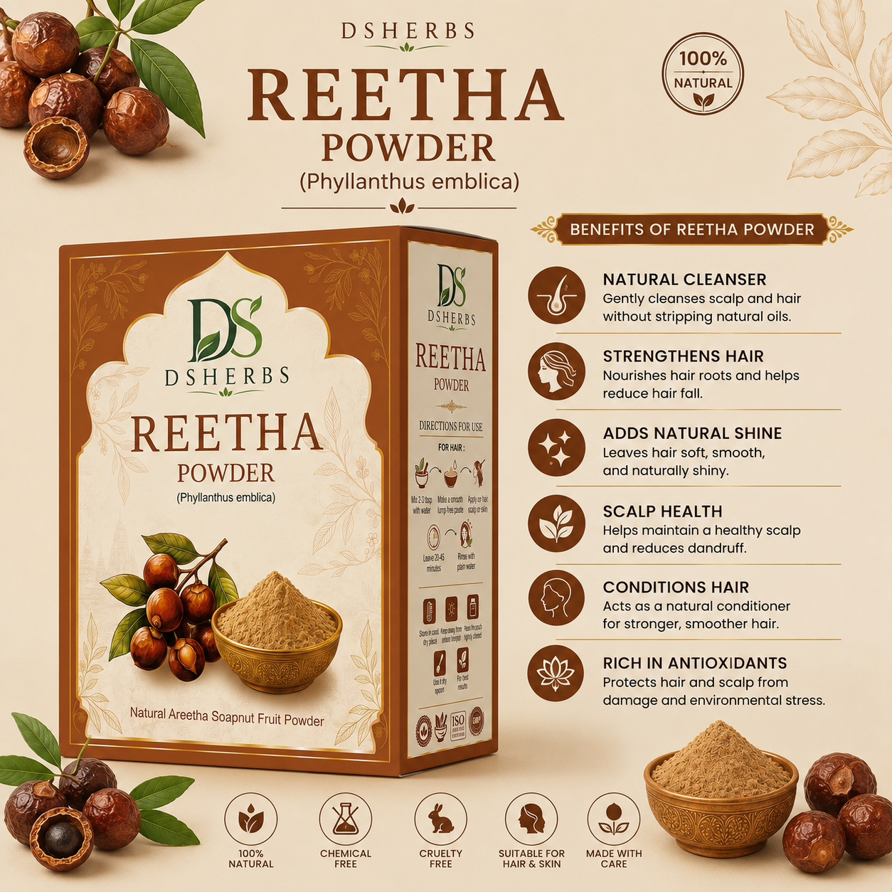 Natural Reetha Powder For Soft & Shiny Hair Ritha Powder for Hair growth & Hair Care Strengthening Natural & Chemical-Free (100G)