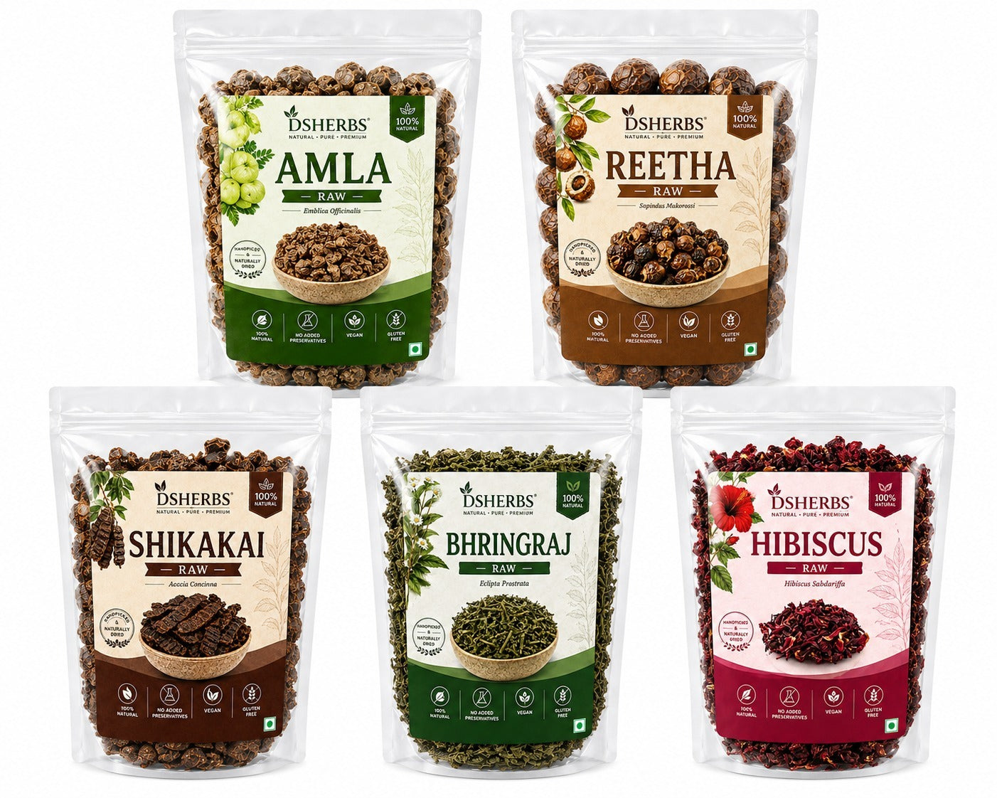 DSHERBS Amla Reetha Shikakai Bhringraj Hibiscus raw for hair Treatment And Hair Mask 100g Each = 500g Combo Hair Pack
