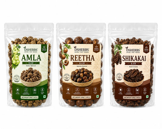Amla Reetha Shikakai Raw 300g For Hair Pack And Hair Growth 
NATURAL HAIR CARE COMBO: Complete set of 3 traditional Ayurvedic ingredients - Raw Shikakai, Raw Reetha, and Raw Amla, each 100g pack, carefully sun-dried to preserve natural properties and traditional value
100% PURE AND CHEMICAL FREE: Free from chemicals, preservatives, ammonia, metallic salts, pesticides, and PPD, ensuring authentic natural ingredients for external use in hair and skincare routines
PROMOTES HAIR GROWTH: Amla is rich in Vitamin 