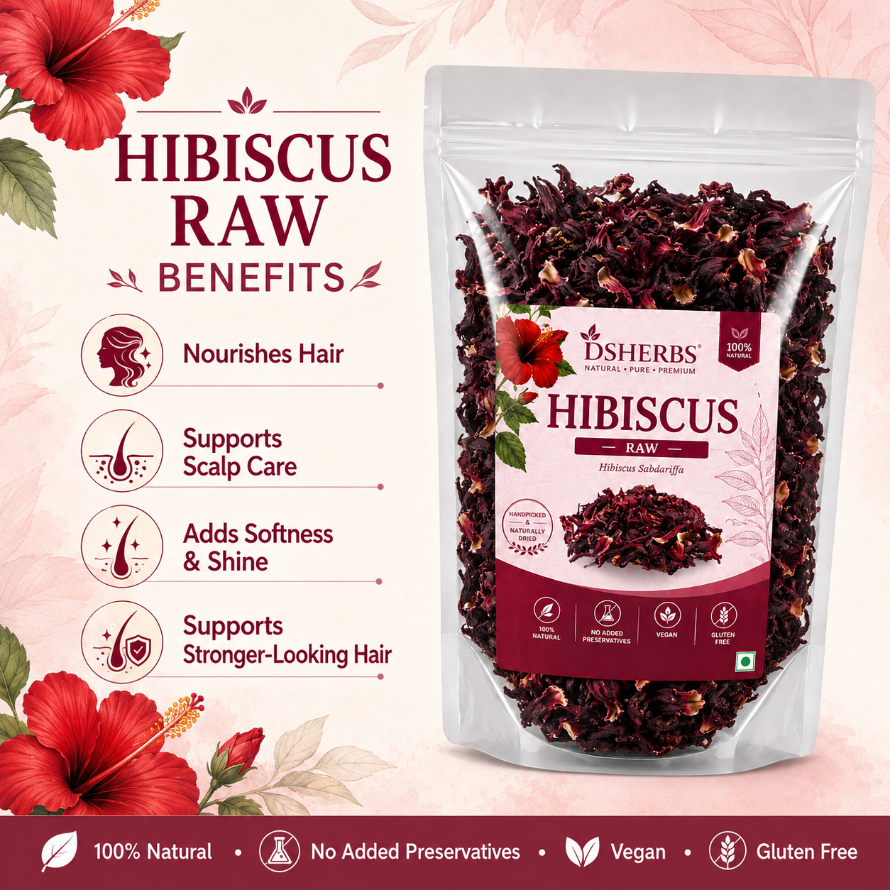 DSHERBS 100g Dry Hibiscus Flower Rosa-Sinensis for Hair Care & Face Pack Gudhal Ka Phool for Hair Growth, Skin Care Hair Growth