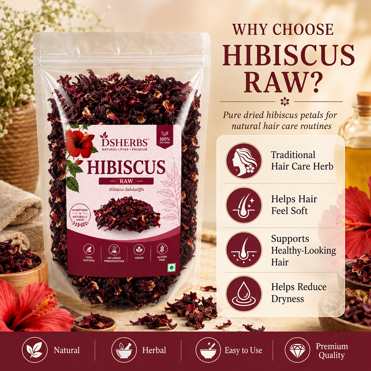 DSHERBS 100g Dry Hibiscus Flower Rosa-Sinensis for Hair Care & Face Pack Gudhal Ka Phool for Hair Growth, Skin Care Hair Growth