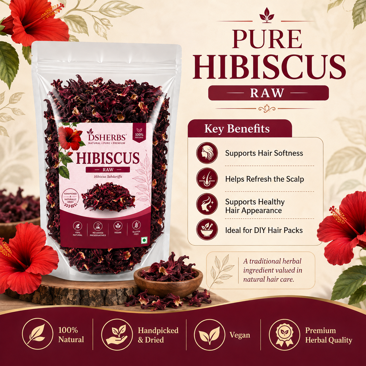 DSHERBS 100g Dry Hibiscus Flower Rosa-Sinensis for Hair Care & Face Pack Gudhal Ka Phool for Hair Growth, Skin Care Hair Growth