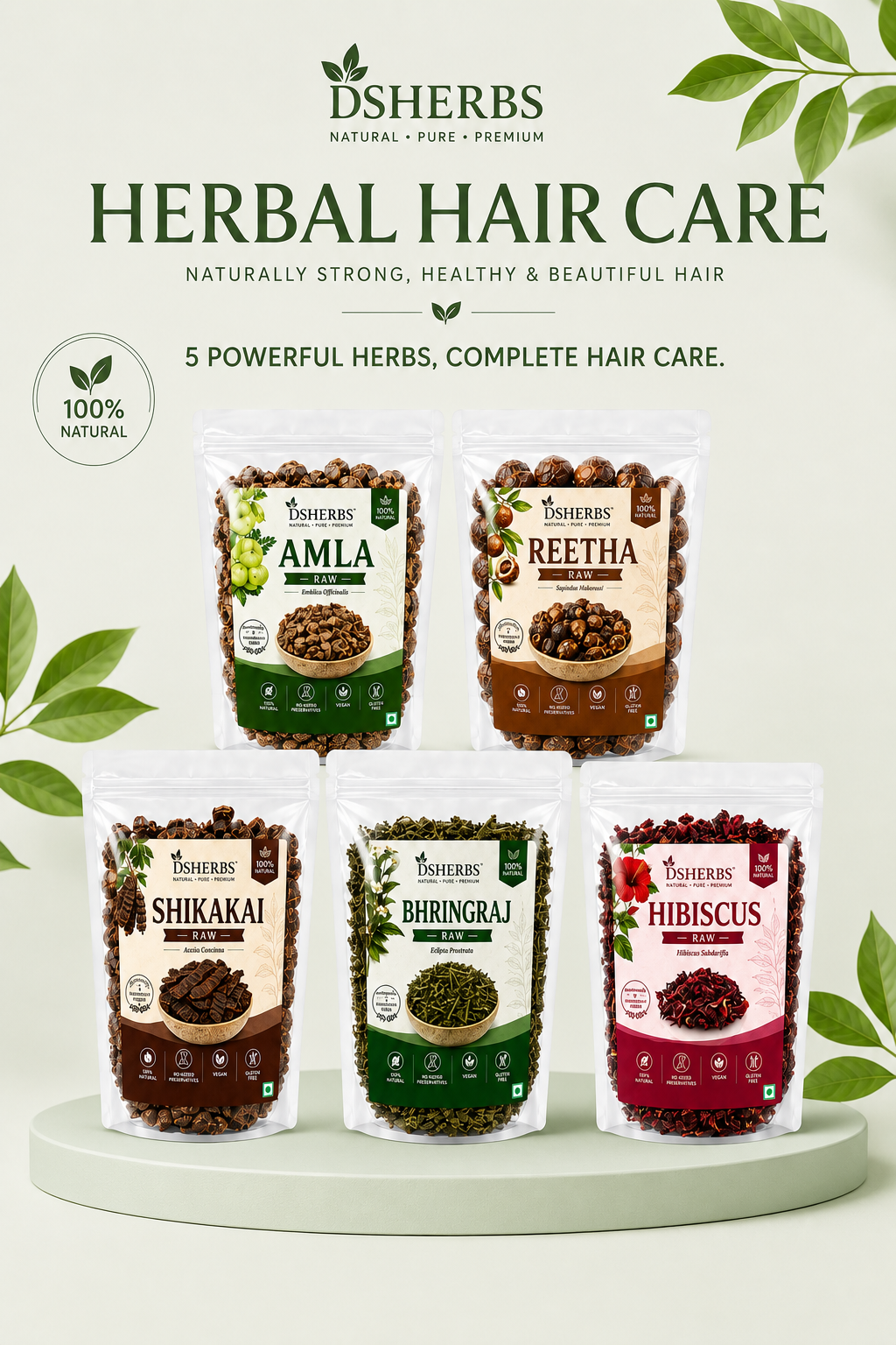 DSHERBS Amla Reetha Shikakai Bhringraj Hibiscus raw for hair Treatment And Hair Mask 100g Each = 500g Combo Hair Pack