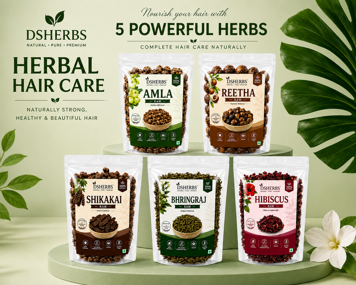 DSHERBS Amla Reetha Shikakai Bhringraj Hibiscus raw for hair Treatment And Hair Mask 100g Each = 500g Combo Hair Pack