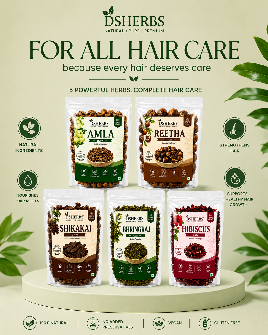 DSHERBS Amla Reetha Shikakai Bhringraj Hibiscus raw for hair Treatment And Hair Mask 100g Each = 500g Combo Hair Pack
