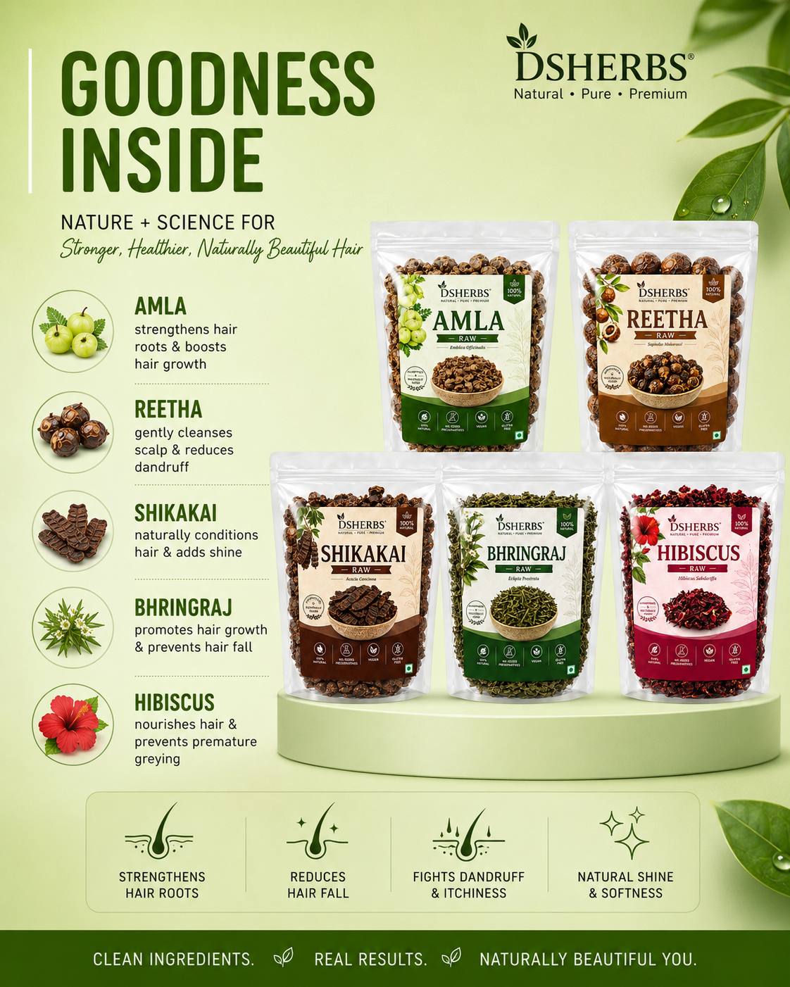 DSHERBS Amla Reetha Shikakai Bhringraj Hibiscus raw for hair Treatment And Hair Mask 100g Each = 500g Combo Hair Pack