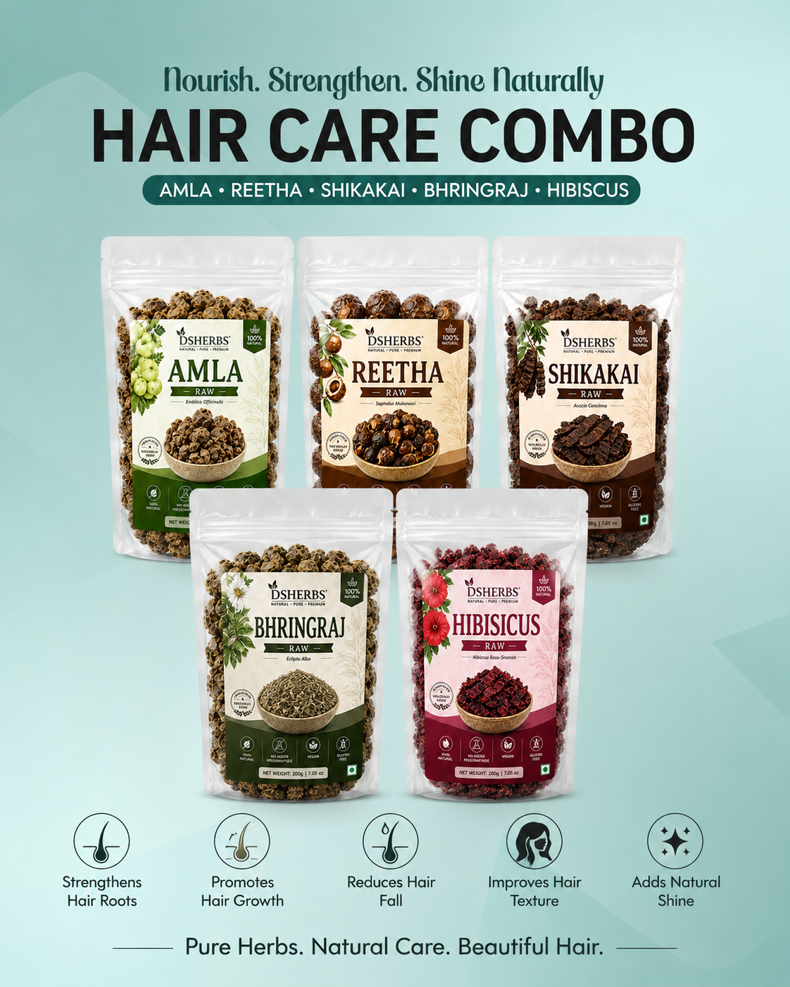 DSHERBS Amla Reetha Shikakai Bhringraj Hibiscus raw for hair Treatment And Hair Mask 100g Each = 500g Combo Hair Pack