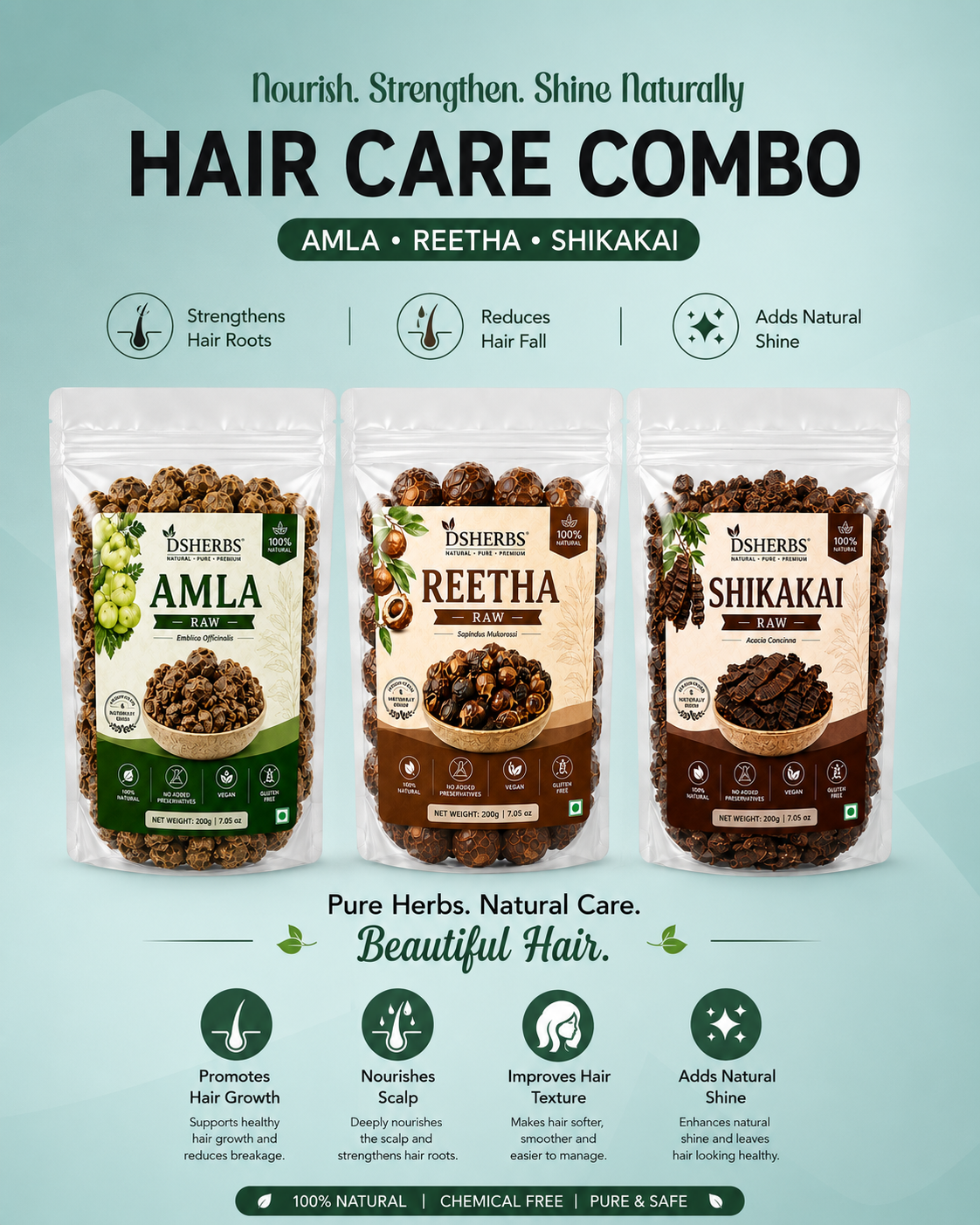 DSHERBS Amla Reetha Shikakai Raw 300g For Hair Pack And Hair Growth