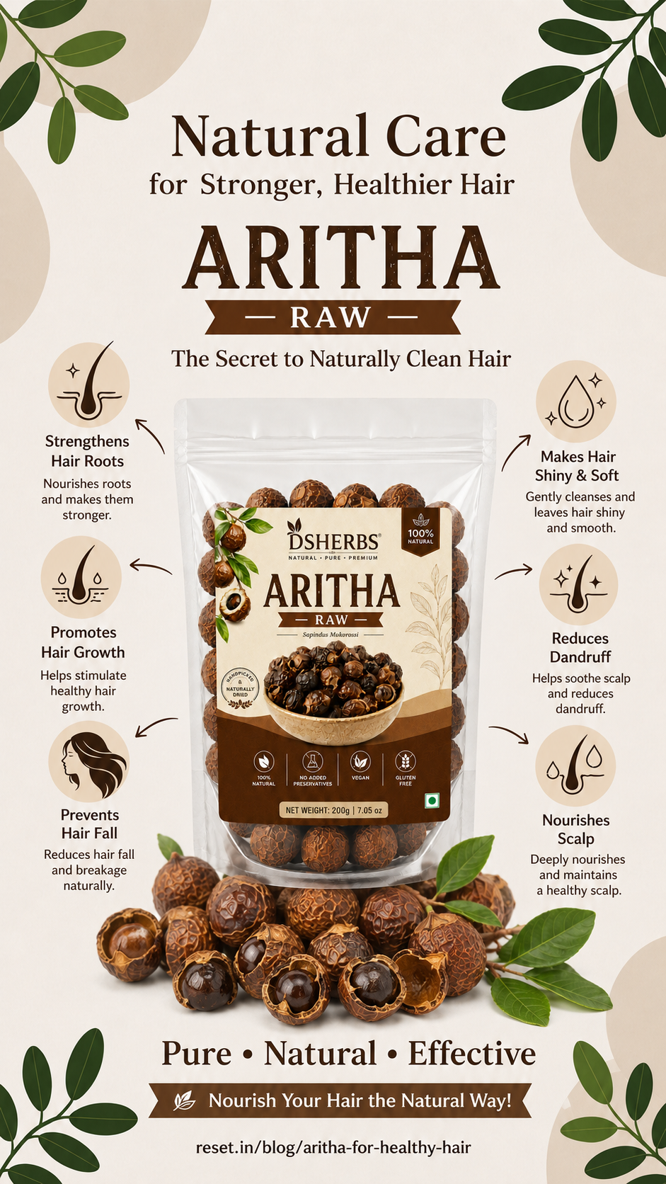 DSHERBS Natural Dry Reetha Raw 250g For Hair Growth And Hair Pack