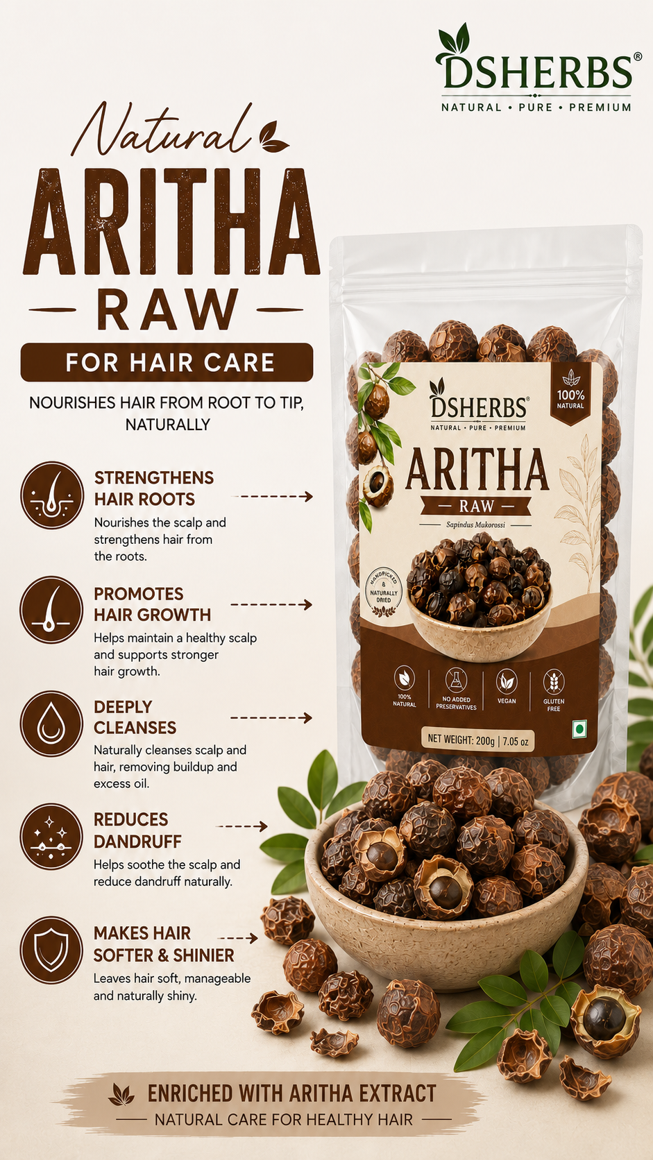 DSHERBS Natural Dry Reetha Raw 250g For Hair Growth And Hair Pack