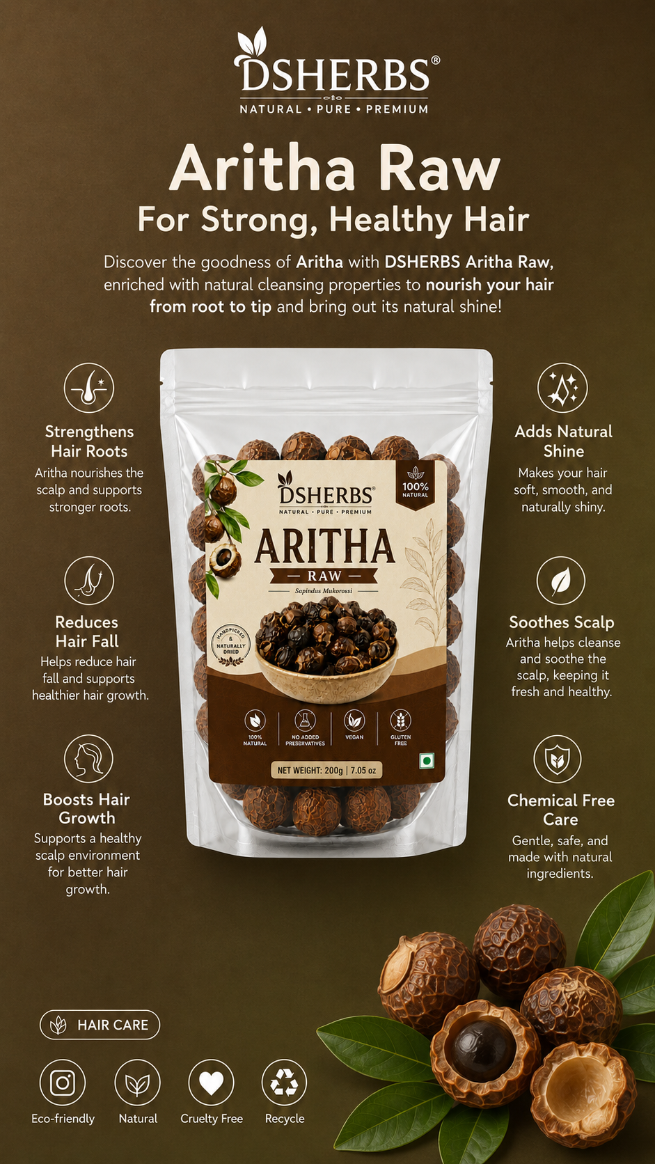 DSHERBS Natural Dry Reetha Raw 250g For Hair Growth And Hair Pack