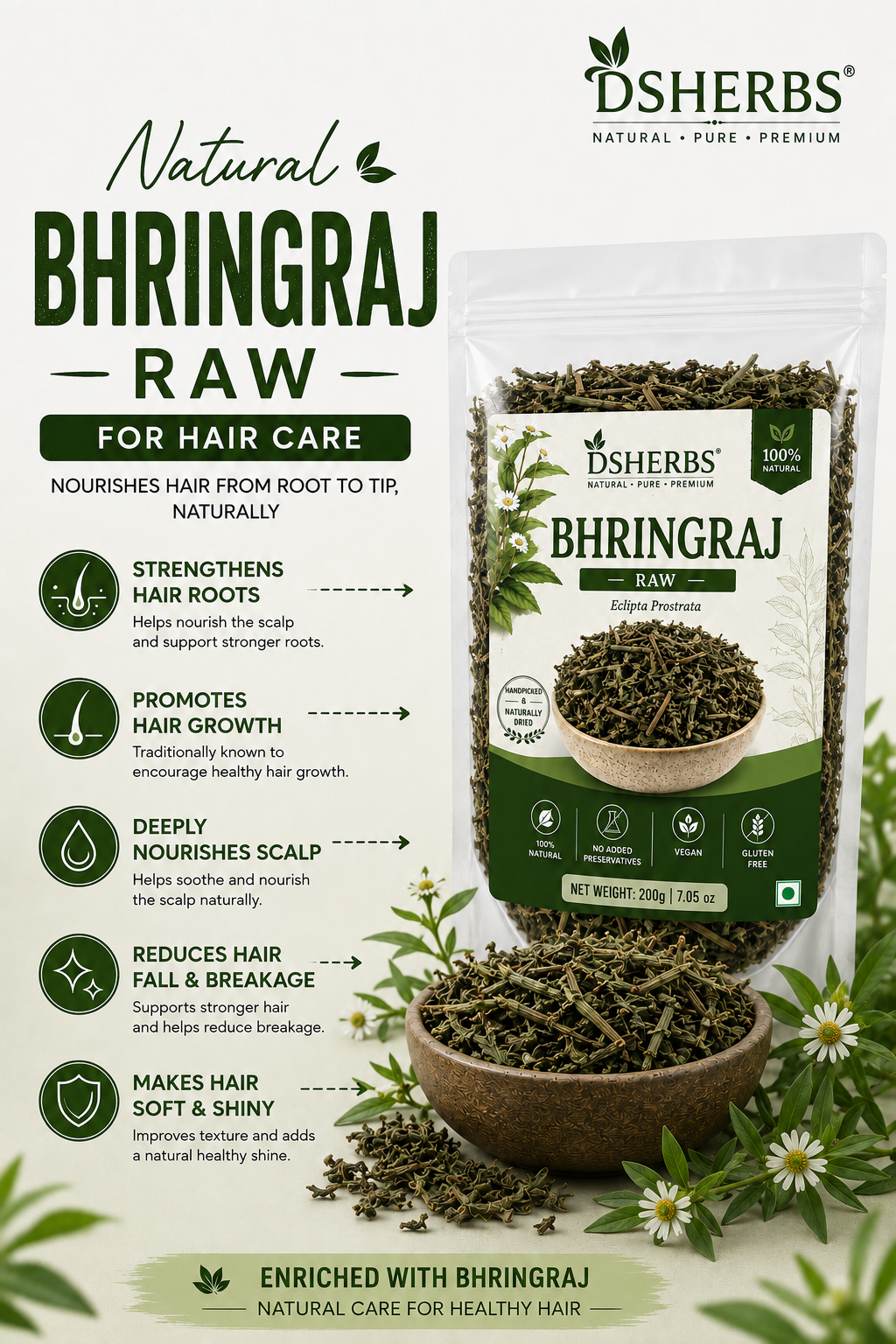 DSHERBS Natural Raw Bhringraj 100g Eclipta Alba 100% Pure & Natural Leaves for Nourishment of Skin and Hair Ayurvedic Dry Leaves Hair Care Conditioner