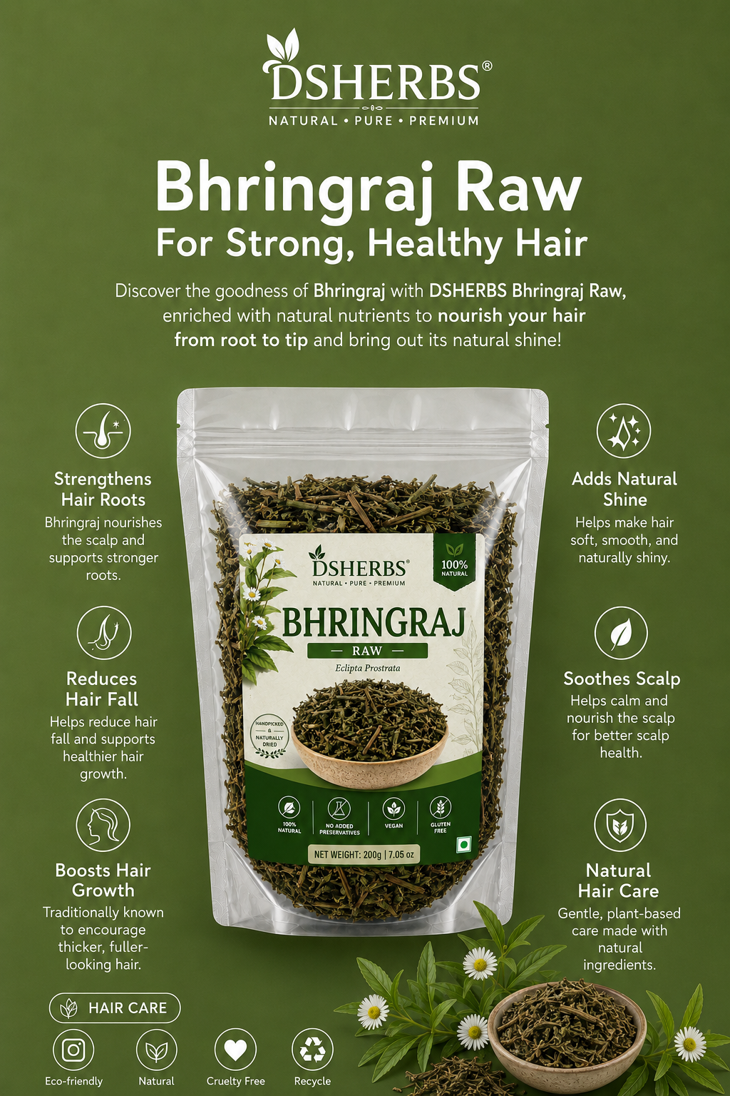 DSHERBS Natural Raw Bhringraj 100g Eclipta Alba 100% Pure & Natural Leaves for Nourishment of Skin and Hair Ayurvedic Dry Leaves Hair Care Conditioner