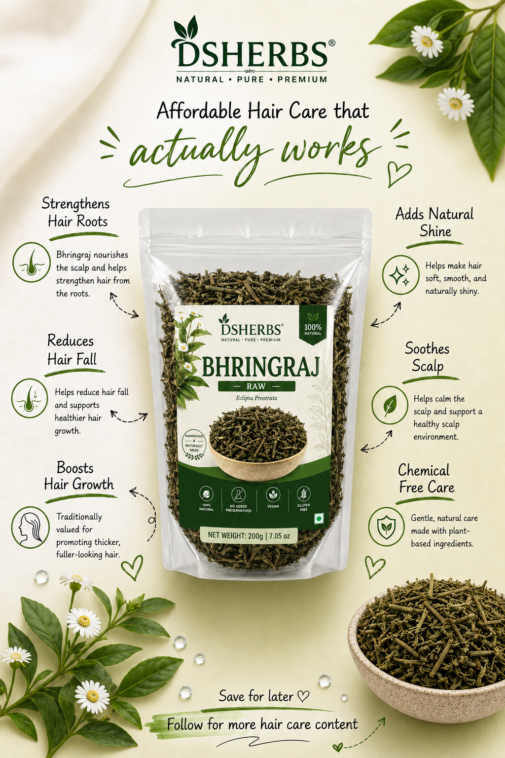 DSHERBS Natural Raw Bhringraj 100g Eclipta Alba 100% Pure & Natural Leaves for Nourishment of Skin and Hair Ayurvedic Dry Leaves Hair Care Conditioner