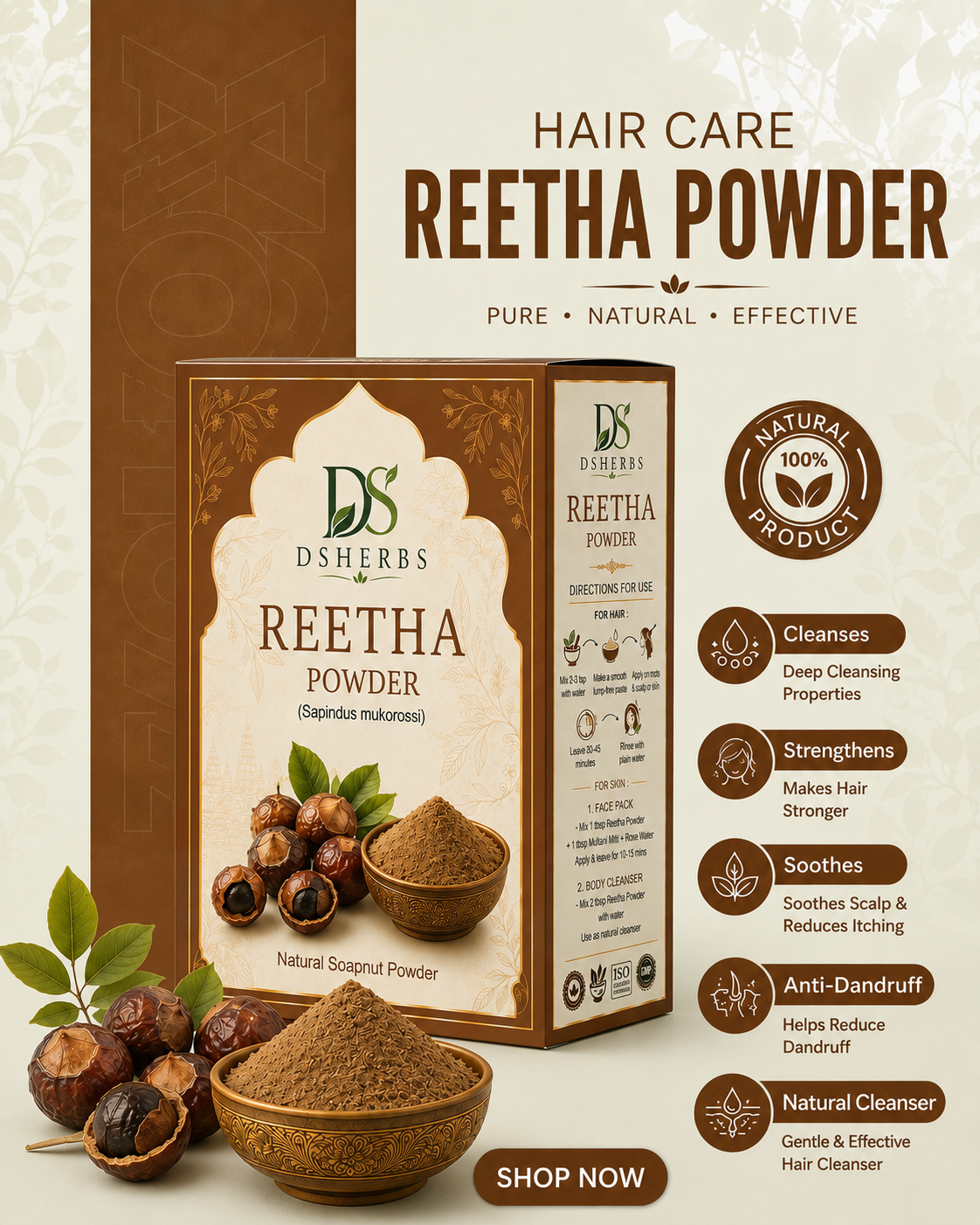 Natural Reetha Powder For Soft & Shiny Hair Ritha Powder for Hair growth & Hair Care Strengthening Natural & Chemical-Free (100G)